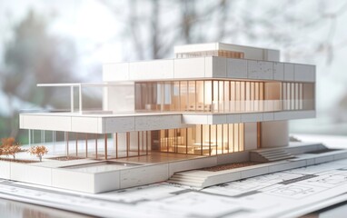 Miniature architectural model of a modern house displayed on blueprints.