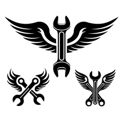 Set of wrench with wings, mechanic logo vector elements