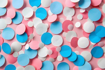 Colorful pastel background with many round paper dots in pink, blue and white colors
