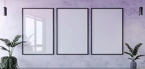 Three vertical frames mockup hanging on office wall, pale lavender walls, modern concrete company interior, 3D rendering,