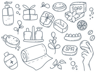 Soap and hygiene doodle sketch style set. Different types of soap, solid, liquid, craft, with herbal and coffee additives, cute line ink. Washing and cleanliness clip art, vector graphics