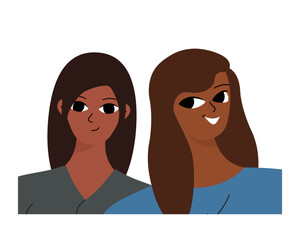 Couple of smiling black girls. Two friends, relatives or students are photographed. Isolated flat cartoon vector .
