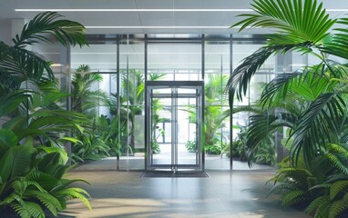 Modern office lobby with glass doors and lush indoor plants.