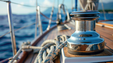 Obraz premium Close-Up of Winch Hoisting Ropes on Yacht with Sea View