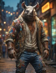 A stylized, realistic image of an anthropomorphic Indian Rhinoceros, wearing a colorful jacket and jeans, stands in a dimly lit urban street at night.