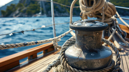 Fototapeta premium Close-Up of Winch Hoisting Ropes on Yacht with Sea View