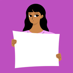Pretty brunette swowing empty presentation. Young black woman holding blank placard, poster, paper. Simple flat style.