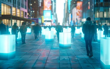 People in a city street digitally tracked with glowing blue boxes.
