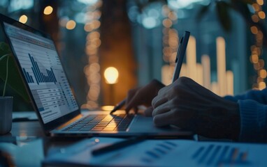 Person analyzing financial charts with a pen and laptop at dusk.