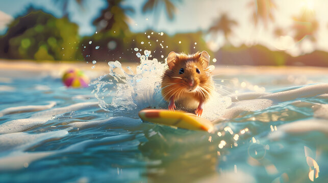 Summer vacation for pets. Adorable hamster surving on tropical beach waves.&nbsp;