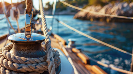 Obraz premium Close-Up of Winch Hoisting Ropes on Yacht with Sea View