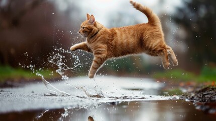 A plump cat playfully jumping into a puddle, creating splashes and showing its adventurous side.