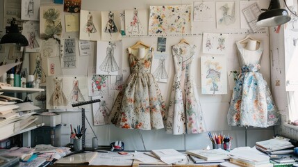 A fashion designer's studio with sketches and dress forms.