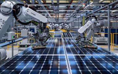 Robotic arms assembling solar panels in a high-tech factory.