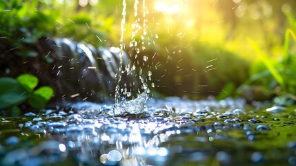 Fototapeta premium Water sustainability. Sustainable water source. World Water Day concept. Nature landscape of stream water. Freshwater protection and water conservation for a sustainable water source 