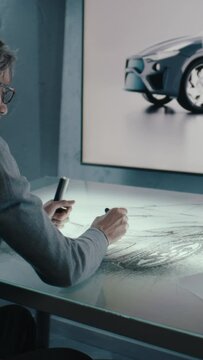 Automotive graphic designer draws sketch of the prototype model of a car with digital display graphics touch sreen table, using stylus pen in a high tech innovative laboratory. Vertical shot.
