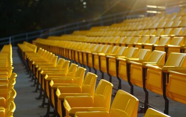 Rows of empty yellow stadium seats under the sun.