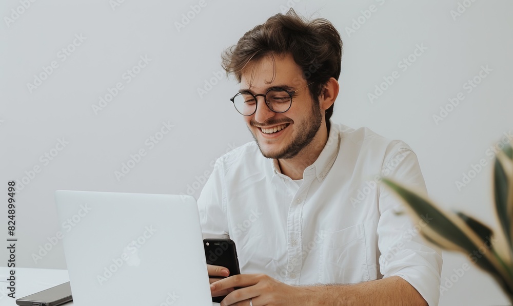 Aufkleber smiling man in casual attire working on laptop at desk and using smartphone