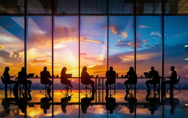 Silhouetted business meeting at a modern office with a vibrant sunset backdrop through large windows.