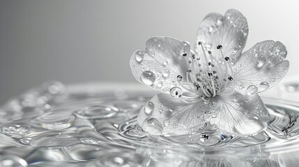   A close-up of a water droplet with a flower-shaped object at its center and water droplets at the base