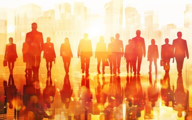 Silhouettes of business professionals overlaying a sunlit cityscape.