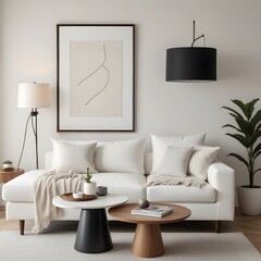 Frame mockup, ISO A paper size. Living room wall poster mockup. Modern interior design.Living room Interior mockup with house background. 3D render