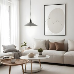 Frame mockup, ISO A paper size. Living room wall poster mockup. Modern interior design.Living room Interior mockup with house background. 3D render