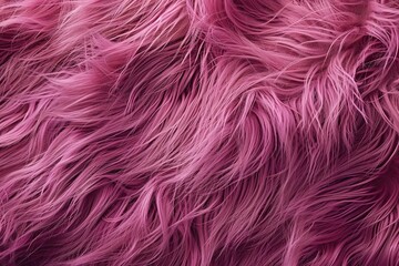 Fototapeta premium Magenta fur background. Surface wool texture. Copy space for text. Closeup of textured pink furry coat. Abstract pattern. Animal hair wallpaper. Shiny faux fluffy backdrop. Furry ground. Sheepskin rug
