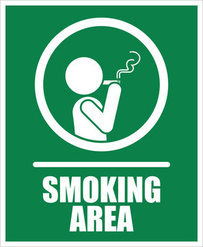 Isolated green minimal smoking area label, with pictogram man smoking cigarette tobacco with smokes