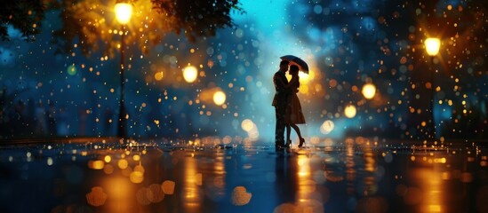 A Dreamlike Blur of Romance A Couple Intimately Dancing in the Rain Under a Nearby Lampposts Soft Glow