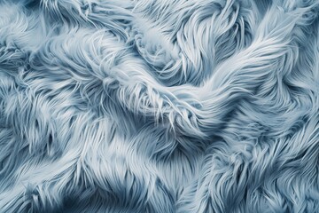 Light blue fur background. Surface wool texture. Copy space for text. Textured blue furry coat closeup. Abstract pattern. Animal hair wallpaper. Shiny faux fluffy backdrop. Furry ground. Sheepskin rug