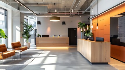 Fototapeta premium Efficient Elegance: The Modern Office Reception Space Where Innovation Meets Welcome. Sleek Design, Warm Ambiance, and Professionalism Define the Ultimate First Impression