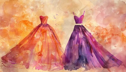 Obraz premium Two watercolor dresses, orange and purple, are depicted on a beige background.