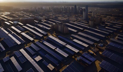Fototapeta premium Solar Panels On The Roof of Every Building In The City During Sunset Time - Cityscape