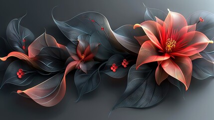   A high-resolution close-up of a vivid red flower against a monochromatic backdrop of black and gray, featuring lush foliage surrounding it in the focal point