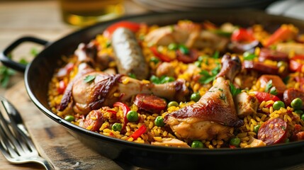 Traditional paella with chicken legs, sausage chorizo and vegetables served. Generative Ai