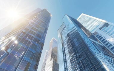 Sunlit modern skyscrapers under a clear blue sky.