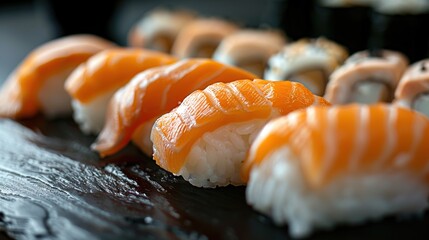 unagi and salmon sushi on dark background. Generative Ai - Powered by Adobe