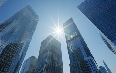 Sunlit modern skyscrapers under a clear blue sky.