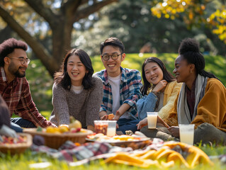 A group of friends enjoying a sunny picnic in the park, laughing and sharing food together