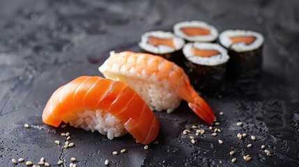 unagi and salmon sushi on dark background. Generative Ai