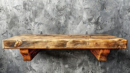   A wooden bench rests atop a wooden ledge, positioned against a concrete backdrop and another concrete wall behind it