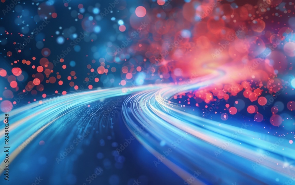 Wall mural Swirling light trails in blue and red hues against a bokeh background.