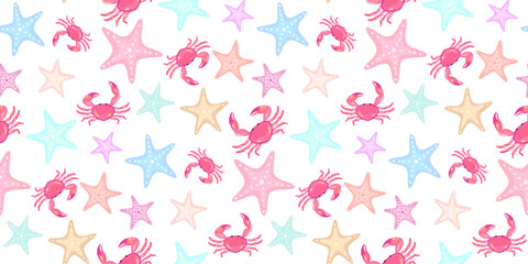 Red crabs with colorful starfish, undersea, marine life creatures seamless pattern design. Coastal life on white background
