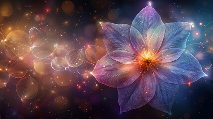   A high-resolution image of a magnified purple bloom against a dark backdrop, featuring iridescent light reflections within its center