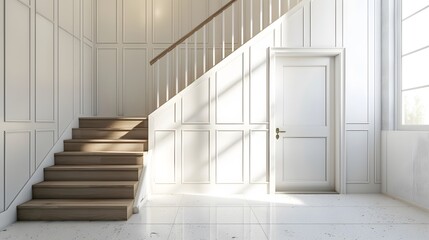 Fototapeta premium Wooden staircase and lining paneling wall in minimalist style hallway. Interior design of modern rustic entrance hall with door in farmhouse 