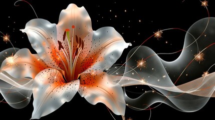   A flower on black background with white and orange swirls and stars in the backdrop