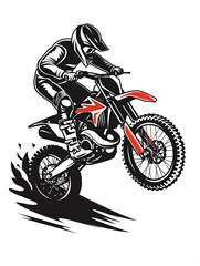 Vibrant illustration of motocross rider jump on black bike with red accents, executed in dynamic graphic style.