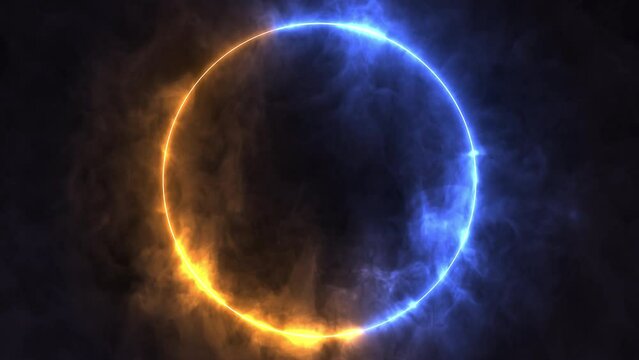 Endless circular neon trails with rising smoke in a seamless loop. Animated round mystical portal.