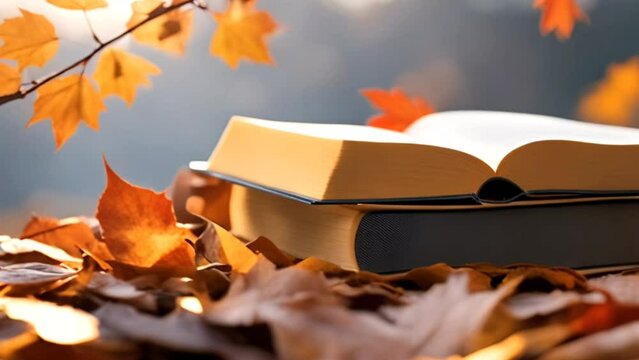 books in stack and a cup of coffee on the table, forest view autumn